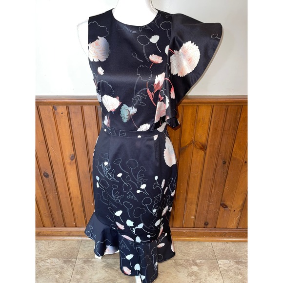 NWT Womens Cooper St. Nordstrom Black Floral Flare Shoulder Sheath Dress Size 6 - Picture 1 of 13